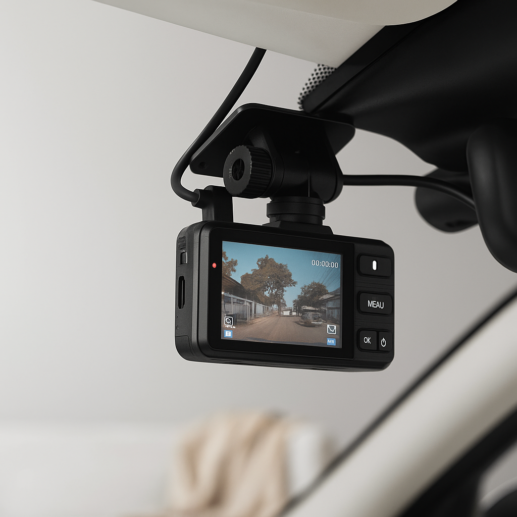 Car dashboard camera mounted on a car's windshield with a view of the road.