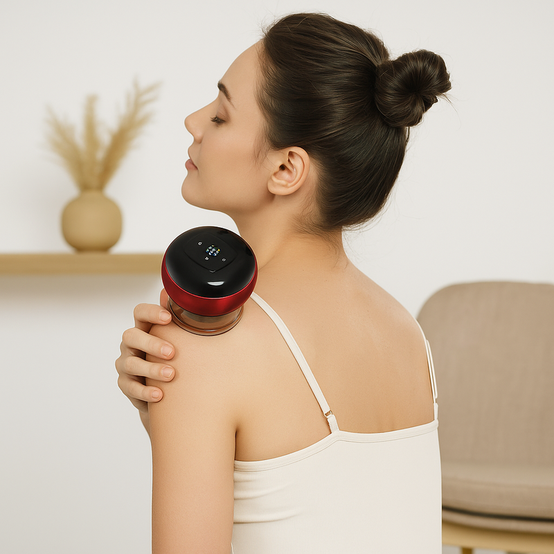 Woman using a handheld massager on her shoulder in a home setting