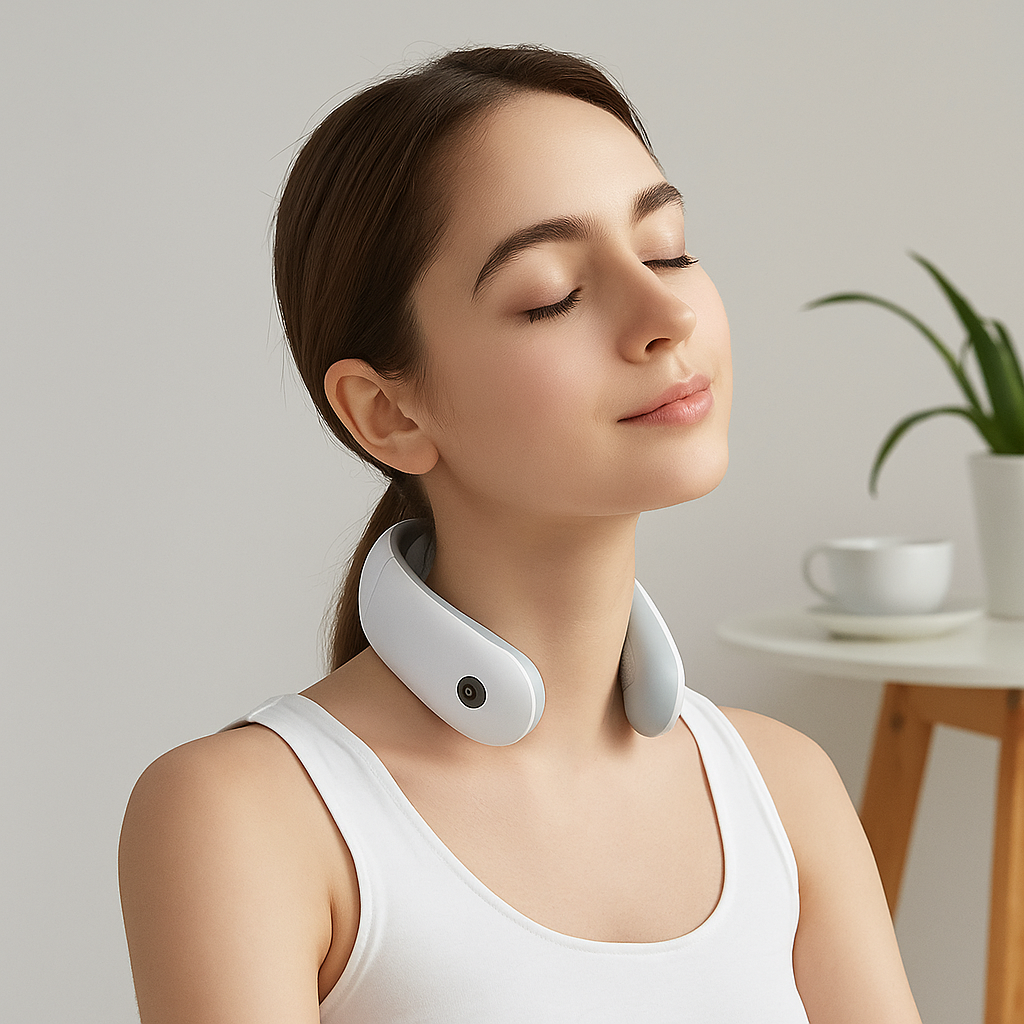 Woman wearing a white neck massager with a blurred indoor background