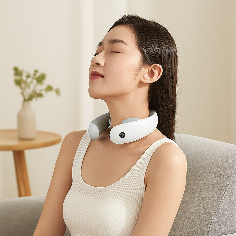Woman wearing a neck massager in a home setting