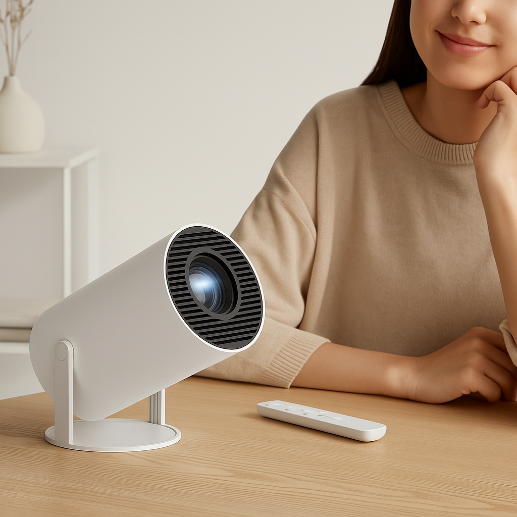 White portable projector on a table with a woman sitting in the background