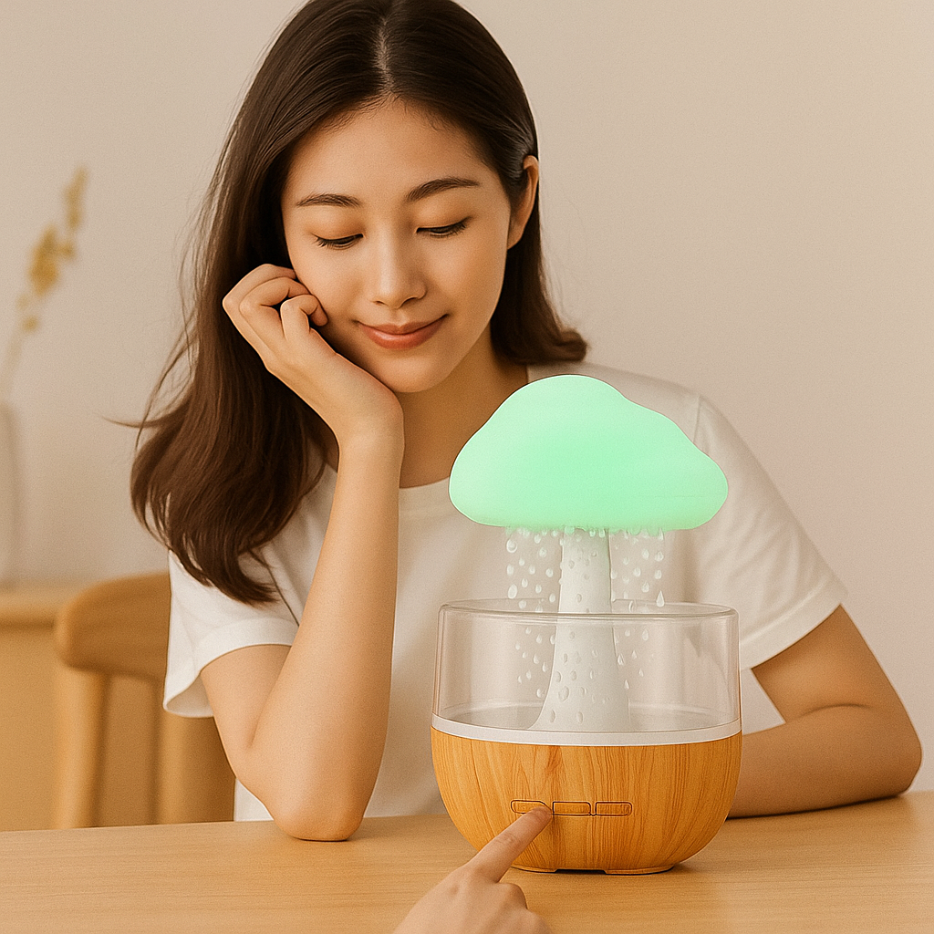 Woman interacting with a mushroom-shaped lamp on a wooden table