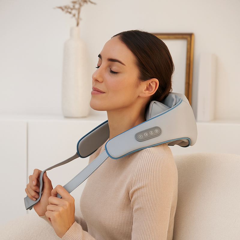 Woman using a neck and shoulder massager in a home setting