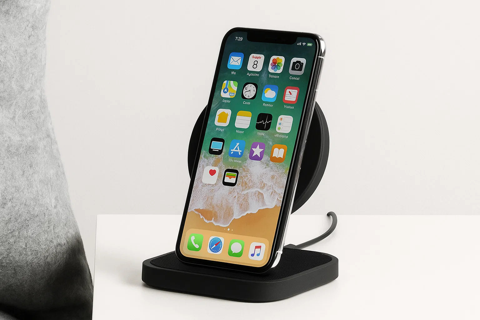 Smartphone on a wireless charging stand with a white background